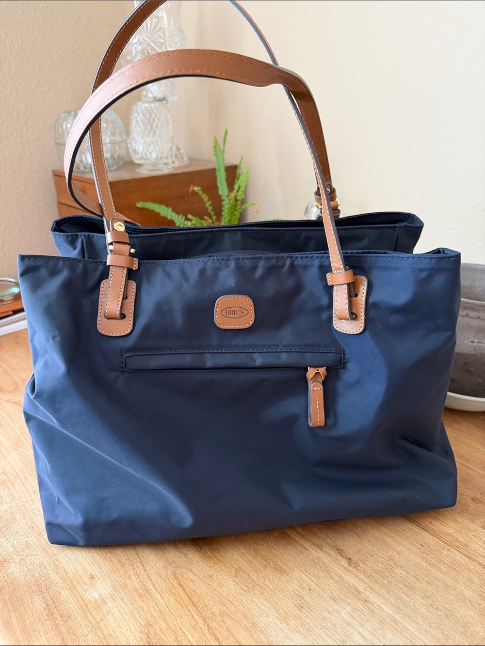 Bric's Navy Tote with Brown Leather Handles